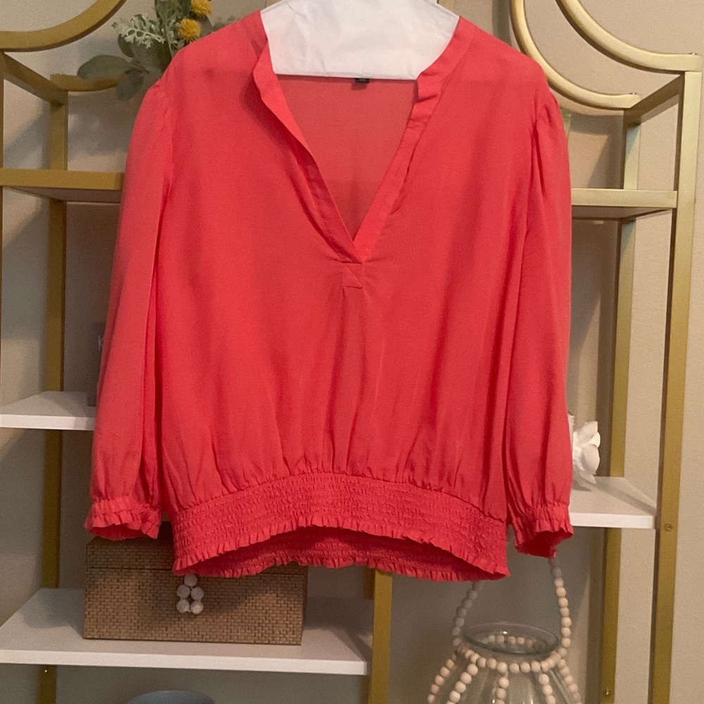 Ann Taylor Coral V-Neck Smocked-Hem Blouse